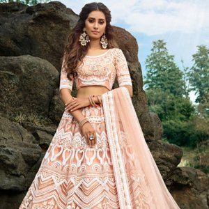 NWT Peach net lehenga choli + dupatta